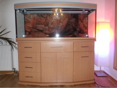 Galerie 130 - Aquariumkombination modern+s, 150x60x60g, Gewölbt, Dekor Unterschrank: Buche D381 SE, Dekor Abdeckung: Buche, Kiesblende, 4 Schubladen links, 3 Türe, zusätzlich 2 Schubladen, 85cm Höhe, obere und untere Schrankplatte 28mm,  Aquariumhintergrund 1550, exclusiv-silver, 3 x T5 80W