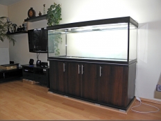 Galerie 16 - modern+ 160x60x60, 576l, 12mm Floatglas, Kiesblende, Nuss dunkel, exclusiv-black (überholt premium-black), 4xT5 80W, Auflageplatte und Bodenplatte 28mm