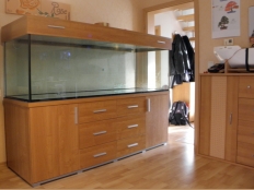Galerie 73 - Aquariumkombination modern-2s 200x60x60, 12mm Floatglas, 720l, Abdeckung vagant (Sonderbestellung), Erle, Kiesblende, T8: 2x58W, Griffe extra, volle Breite